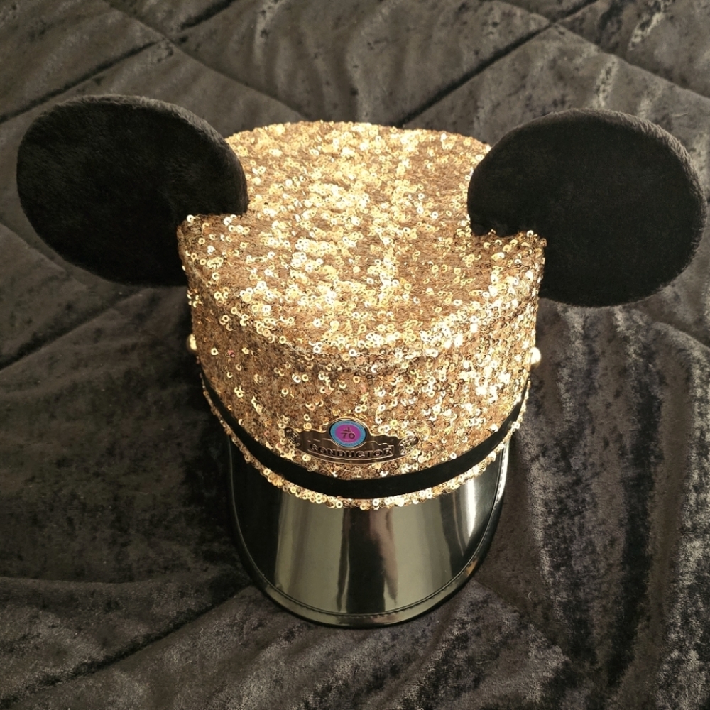Disneyland 70th Celebration Conductor Gold Sequin Ear Hat Mickey Anniversary